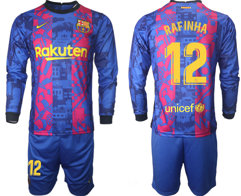 Men 2021-2022 Club Barcelona Second away blue Long Sleeve #12 Soccer Jersey